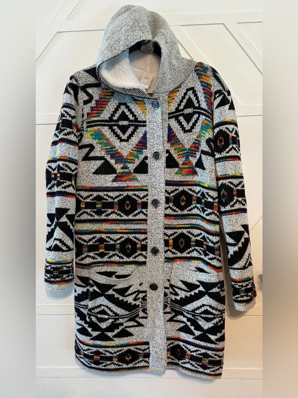 Hooded Aztec Knit Teddy Jacket in Black & Gray
